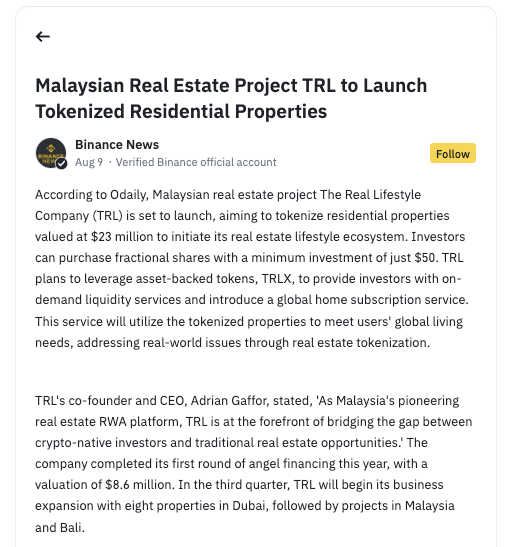 <a href="/binance/">Binance</a> feed covered our upcoming tokenization of properties valued at $23m and $8.6m valuation🚀

Look out for more updates on the launch of our $TRLCO $TRLX tokens 👀

Thanks <a href="/OdailyGlobal/">Odaily Global</a> for the coverage as well🫶

binance.com/en/square/post…