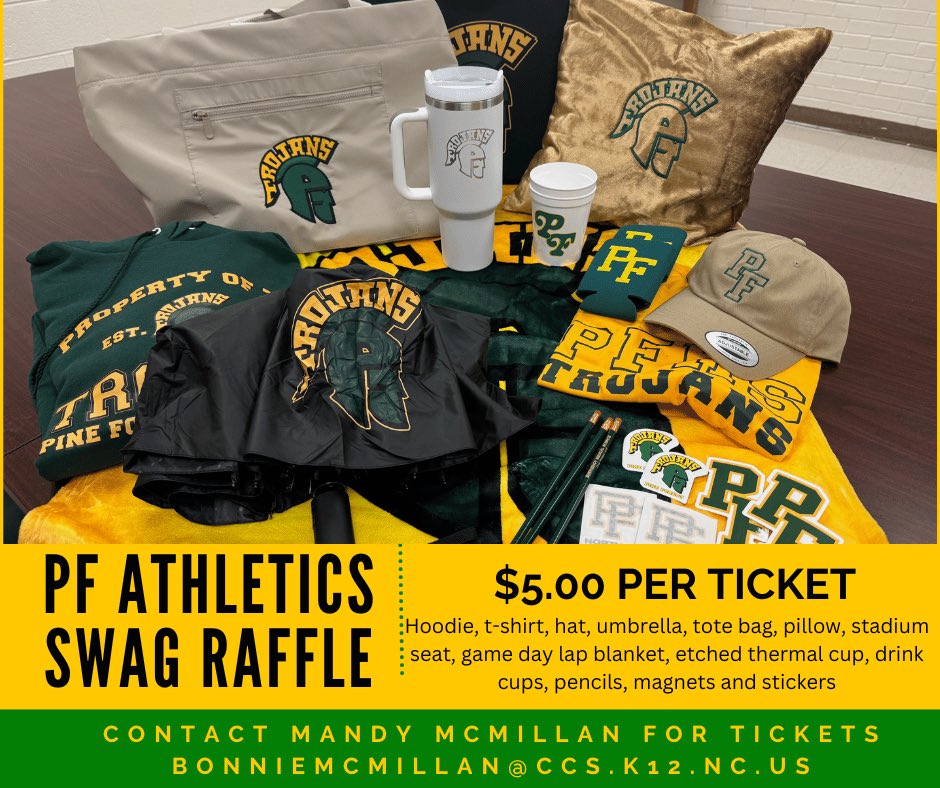 Pine Forest 28311 (@pineforest28311) on Twitter photo Get your chance to win the ultimate Trojan Swag by purchasing a raffle ticket for just $5 each! Tickets are available at Meet the Trojans Night and Open House. If you're interested in purchasing a ticket(s), you can also contact Mandy McMillan (bonniemcmillan@ccs.k12.nc.us). Get your chance to win the ultimate Trojan Swag by purchasing a raffle ticket for just $5 each! Tickets are available at Meet the Trojans Night and Open House. If you're interested in purchasing a ticket(s), you can also contact Mandy McMillan (bonniemcmillan@ccs.k12.nc.us).
