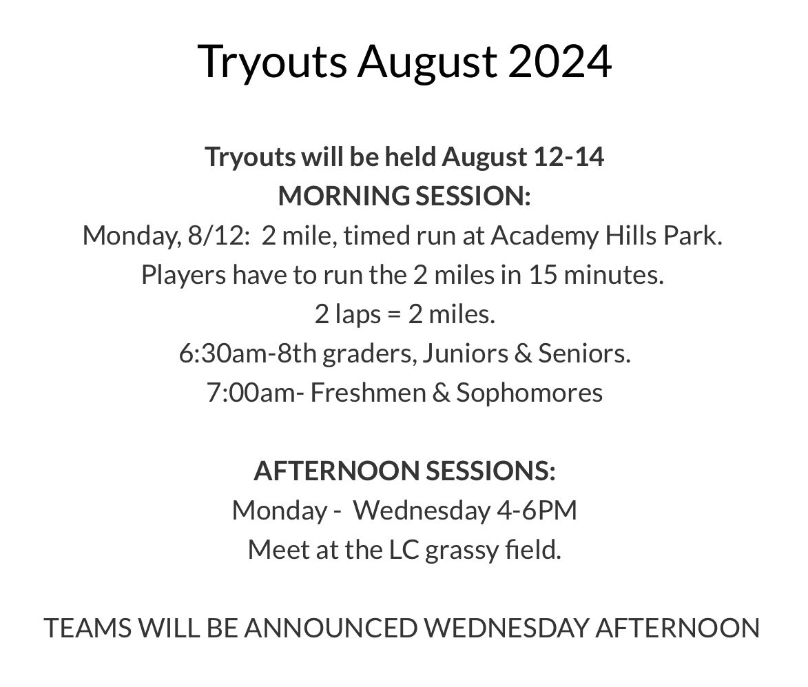 LCHSBearsSoccer Boosters (@lchsbearssoccer) on Twitter photo TRYOUT REMINDER!!!
Starting this Monday with the run before school! See times below ⬇️
#WALC @LCHS_Keilbarth <a href="/LCHS_MTapia/">Melanie Tapia</a> <a href="/LCHS_Hubbell/">Brian Hubbell</a> <a href="/PrincipalLCHS/">La Cueva High School</a> <a href="/Cueva_Athletics/">LCAthletics</a> TRYOUT REMINDER!!!
Starting this Monday with the run before school! See times below ⬇️
#WALC @LCHS_Keilbarth <a href="/LCHS_MTapia/">Melanie Tapia</a> <a href="/LCHS_Hubbell/">Brian Hubbell</a> <a href="/PrincipalLCHS/">La Cueva High School</a> <a href="/Cueva_Athletics/">LCAthletics</a>