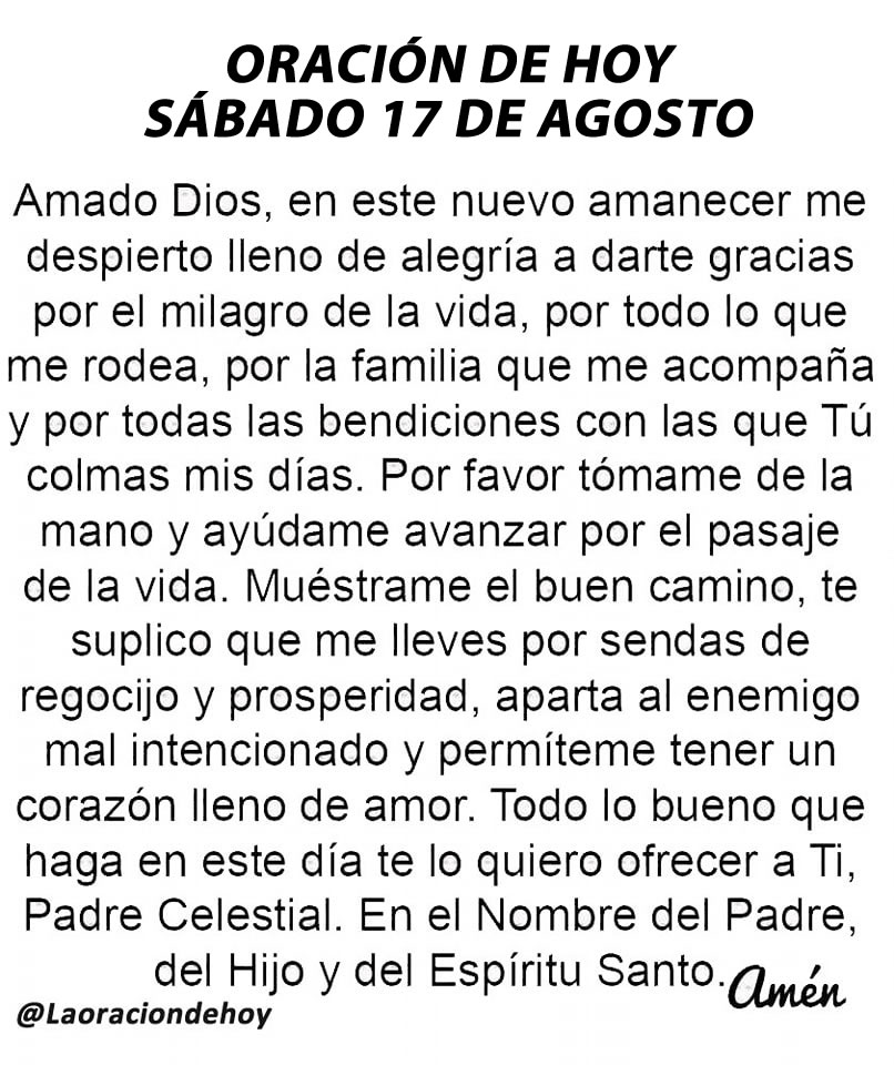 laoraciondehoy's tweet photo. Oración diaria para hoy sábado 17 de agosto de 2024. https://t.co/72zfEhVypR