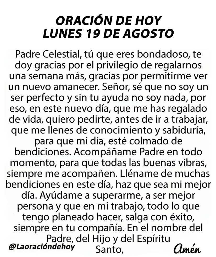 Oración diaria para hoy lunes 19 de agosto de 2024.