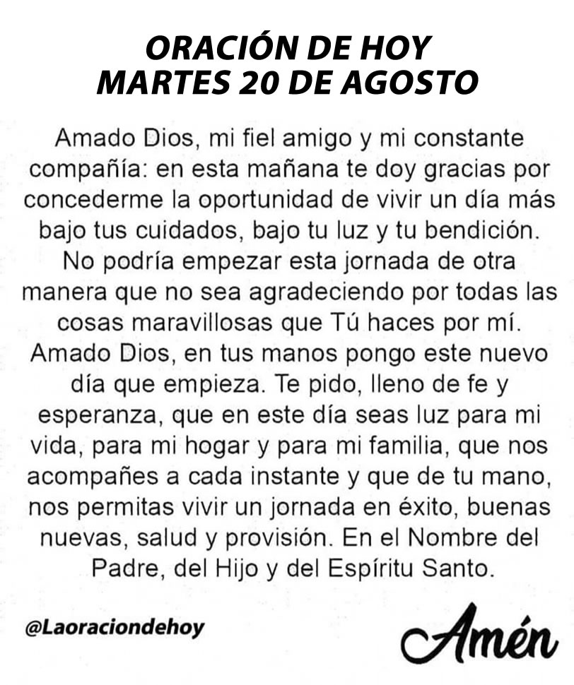 Oración diaria para hoy martes 20 de agosto de 2024.