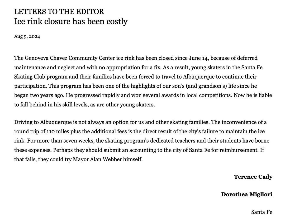 SantaFeSC's tweet image. “Driving to Albuquerque is not always an option . . .. The inconvenience of a round trip of 110 miles plus the additional fees is the direct result of the city’s failure to maintain the ice rink.”

Terence Cady &amp;amp; Dorothea Migliori - Letter to Editor @thenewmexican
