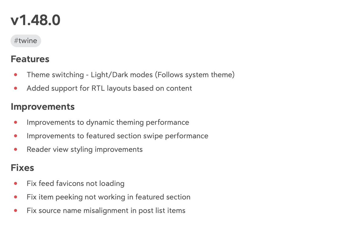 its_sasikanth's tweet image. Twine v1.48.0 rolling out now!
- Light mode (finally!)
- Improved feed fav icon fetching, app will display high-quality fav icons when available
- Support RTL layouts based on content
- UI performance improvements
#IndieApps #RSS #KotlinMultiplatform #MaterialDesign