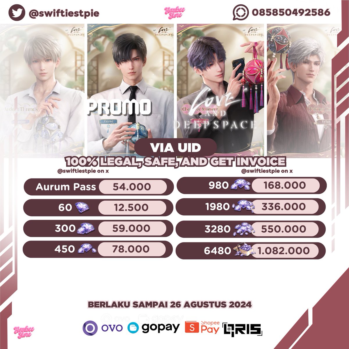 swiftiestpie's tweet image. AUGUST PROMO FOR LOVE AND DEEPSPACE [UPDATED]

halOo! karena habis ini tgl 17 dan bulan depan itu kelahiran suami aku a.k.a zayne, jadi promo top up lads diperpanjang ia ☆! pricelist lengkap di bawah ini ➷

t #zonauang #zonajajan #LoveandDeepspace #warunglad aurum pass sylus ..