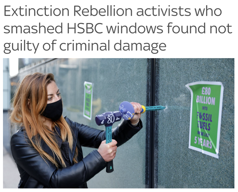 🚨MORE TWO-TIER POLICING🚨
1. GUILTY: Rioter jailed for 32 months for throwing bricks at TK-Maxx window, causing £5k damage
2. NOT GUILTY: Extinction Rebellion activists who smashed "at least 19" windows at HSBC, causing £500,000 damage, cleared by jury #TwoTierPolicing