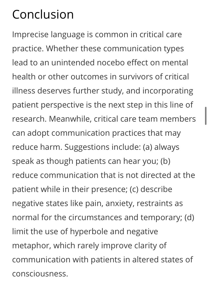 Great research that supports evidence for the ‘nocebo effect’ related to our choice of language in the ICU. Great to see all the MDT involved with this study and even reflected an SLT specific example of the importance of semantics. 

journals.sagepub.com/doi/full/10.11…
