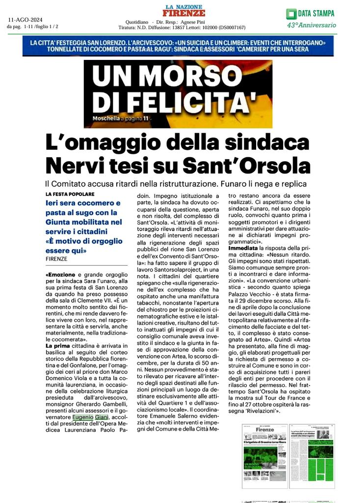 #LaboratorioSanLorenzo
via <a href="/Nazione_Firenze/">Nazione Firenze</a> 
'L'omaggio della Sindaca. Nervi tesi su Sant'Orsola. Il Comitato accusa ritardi nella ristrutturazione. Funaro li nega e replica'