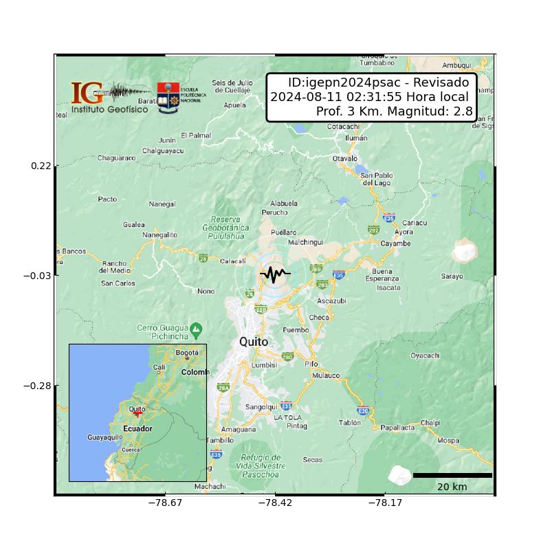 IGecuador's tweet photo. #SISMO ID:igepn2024psac Revisado 2024-08-11 02:31:55 TL Magnitud: 2.8 Profundidad: 3 km, a 17.61 km de Quito, Pichincha, Latitud: -0.03 Longitud:-78.42 Ecuador. Sintió este sismo? https://t.co/ypPGp1QZD2