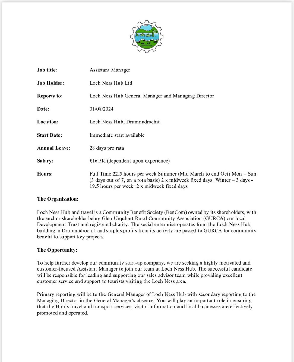 📢 Job Alert! 

As part of our ongoing ambitions for growth and delivering year round visitor information services, Loch Ness Hub &amp; Travel are seeking an assistant manager. 
If you think this could be you, please read the full job description here: buff.ly/4dhHLQ9