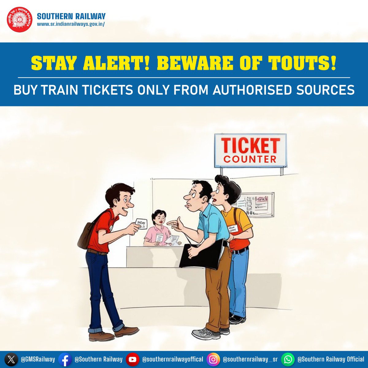 DrmChennai's tweet image. Railway Alert!

Don&apos;t let touts deceive you. Buy train tickets only from authorized sources. Stay informed, stay safe! 

#BewareOfFraud #RailwayProtection
