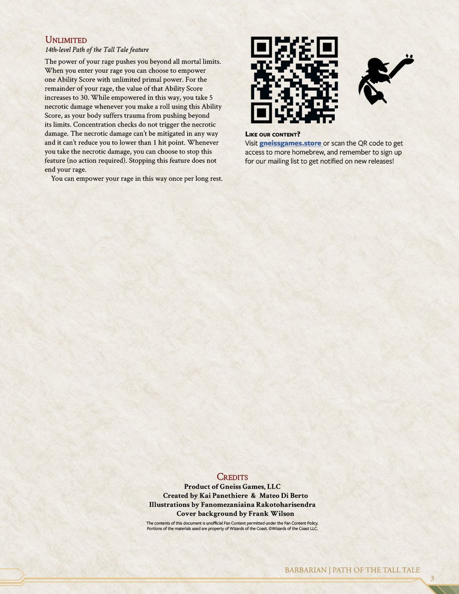 Step into legend with our first of many Rexfald subclasses, The Path of the Tall Tale. Fuel your rage with the might of John Henry or Paul Bunyan! Find more information about this subclass and more on our website gneissgames.store and keep tuned as we release 9 other