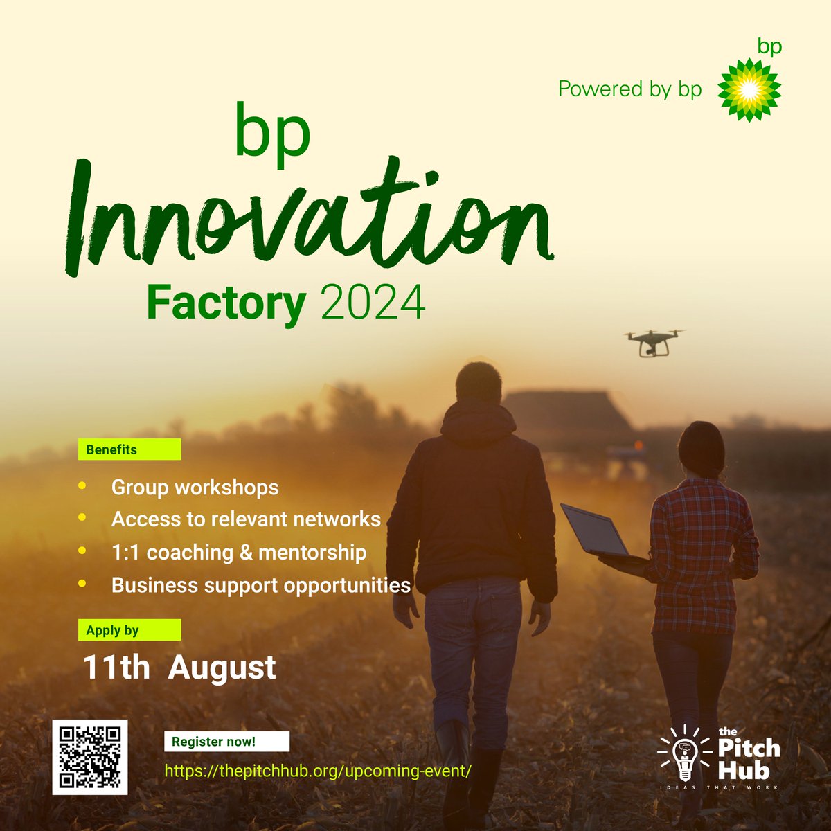 Today is your last chance to apply for the bp Innovation Factory! 
Don’t miss out on the opportunity to accelerate your business growth. 
This opportunity is exclusively for businesses in Ghana.
Apply now via the link below!!
thepitchhub.org/upcoming-event/

#InnovationFactory #ApplyNow