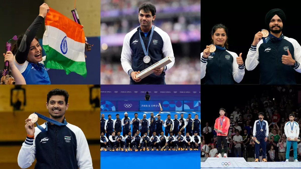 ManishaK9944's tweet photo. Proud of Our Athletes!
#ParisOlympics2024 is coming to an end and India has #won a total of 6 medals so far.
Which includes #onesilver and #5bronze medals
Our proud #winners include Manu Bhaker, Sarabjot Singh, Swapnil Kusale, Neeraj Chopra, Aman Sehrawat, and #HockeyTeam. https://t.co/ri6xthYwYW