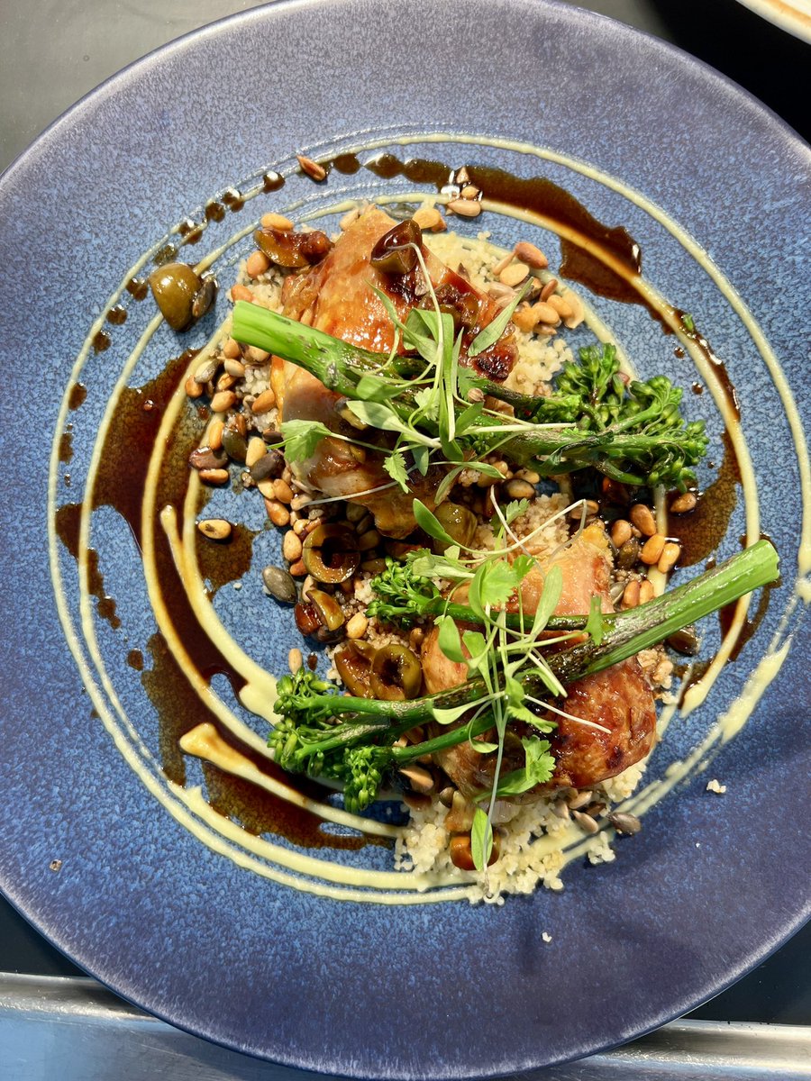 Crispy confit saffron chicken thighs
Citrus couscous 
Nuts and seeds
Preserved lemon puree
Charred broccoli 
Chicken and green olive jus
Coriander shoots
