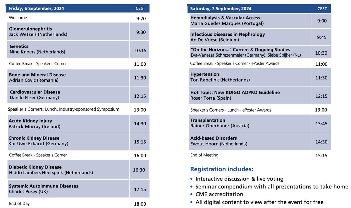 #NephroUpdate2024 is happening in Vienna in September 2024. A fantastic selection of speakers, including our <a href="/ERAkidney/">ERA - European Renal Association</a> President <a href="/torra_roser/">Roser Torra</a>! Please register (virtual &amp; love option) if you have time #medupdate