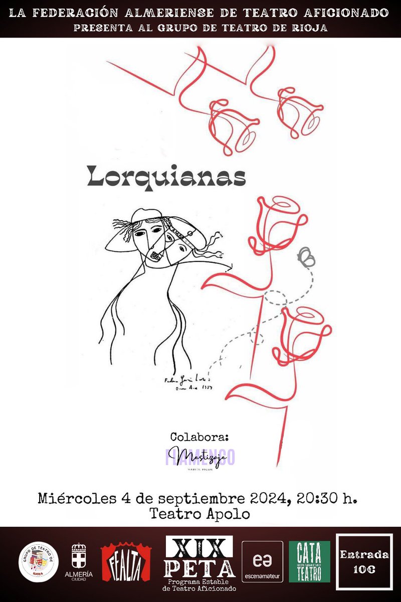 La Federación almeriense de teatro aficionado, en colaboración con <a href="/Culturalmeria/">Almería Cultura</a> lanzará el XIX PETA (Programa estable de teatro aficionado) el próximo 4 de Septiembre con la obra "Lorquianas" a cargo del grupo de teatro de Rioja.

Entradas aquí: flowte.me/storefront/alm…