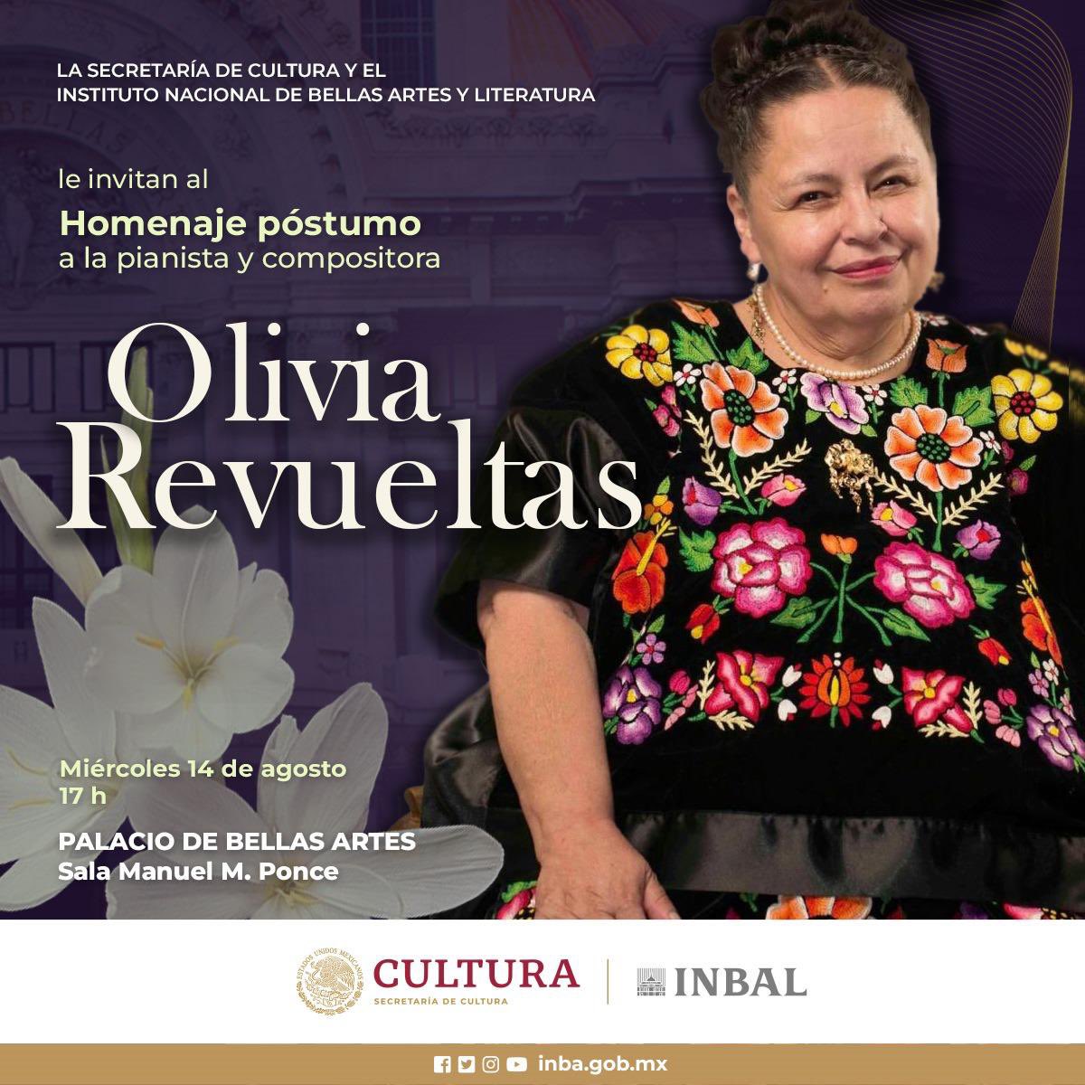 La <a href="/cultura_mx/">Secretaría de Cultura</a> y el #INBAL realizarán un homenaje póstumo a la pianista y compositora Olivia Revueltas, considerada como una de las pioneras del jazz en México. 

La ceremonia se llevará acabo el miércoles 14 de agosto a las 17 h en la Sala Manuel M. Ponce del <a href="/PalacioOficial/">PalaciodeBellasArtes</a>.
