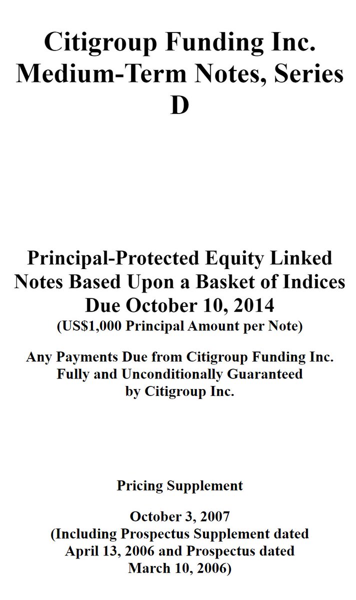 itsalwaysrains's tweet image. 🏴‍☠️* 42069 = #GameStop 

imagine an index basket DATED OCTOBER 3, 2007 and Due October 10, 2014..
( ﾉ ﾟｰﾟ)ﾉdue at a time near them creating citi match(their ATS/darkpool), and near $gme's basket creation..

sec.gov/Archives/edgar…
CITIGROUP FUNDING INC. 
Principal-Protected…