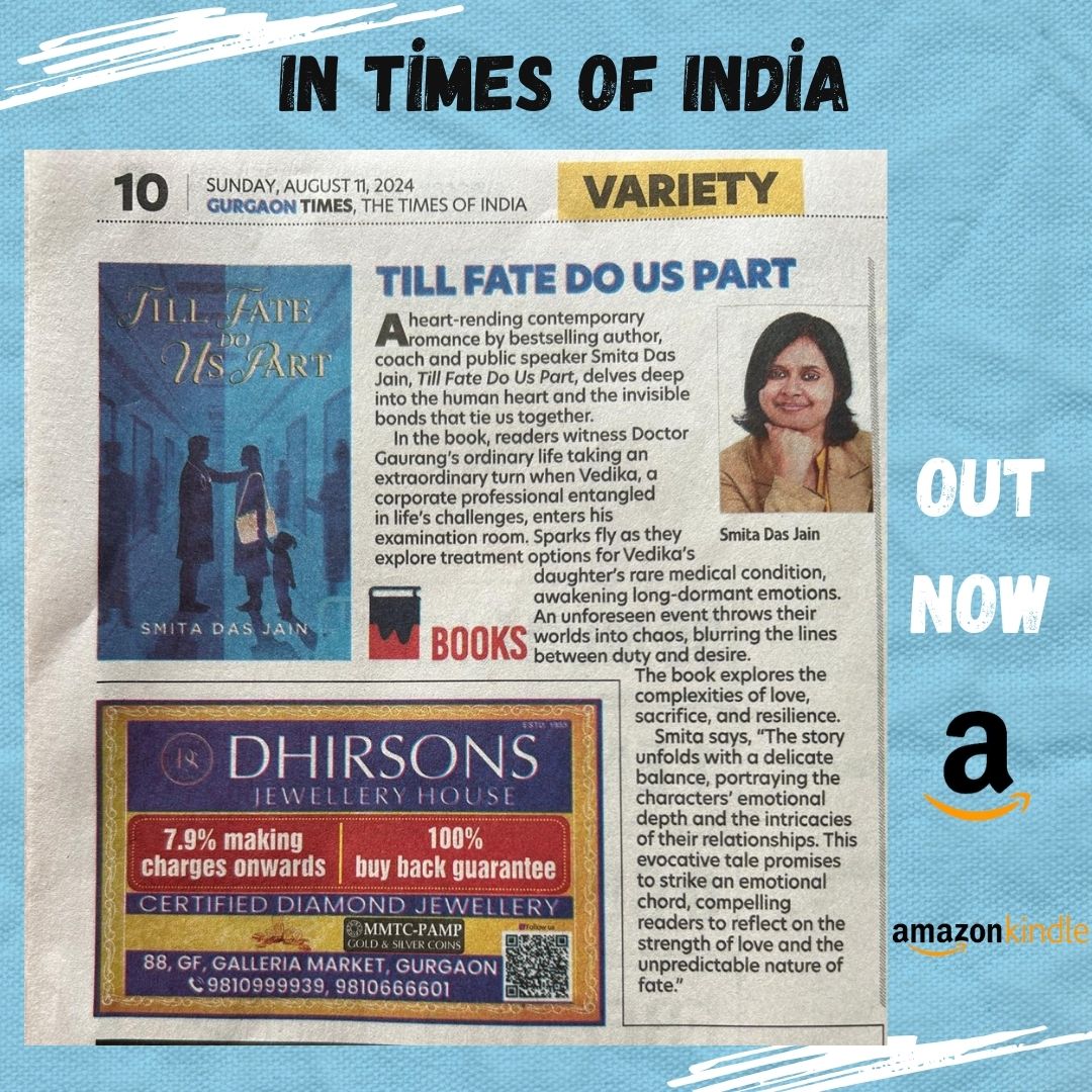 Hi #twitterfam

Happy to share that Till Fate Do Us Part, presented by @Iamreadomania has been featured in today’s Times of India!

Buy Your Copy Now at amazon.in/dp/B0DCFRCKDR/

#TimesOfIndiaFeature #BookLaunch #TillFateDoUsPart #writingcommunity #NewBookRelease