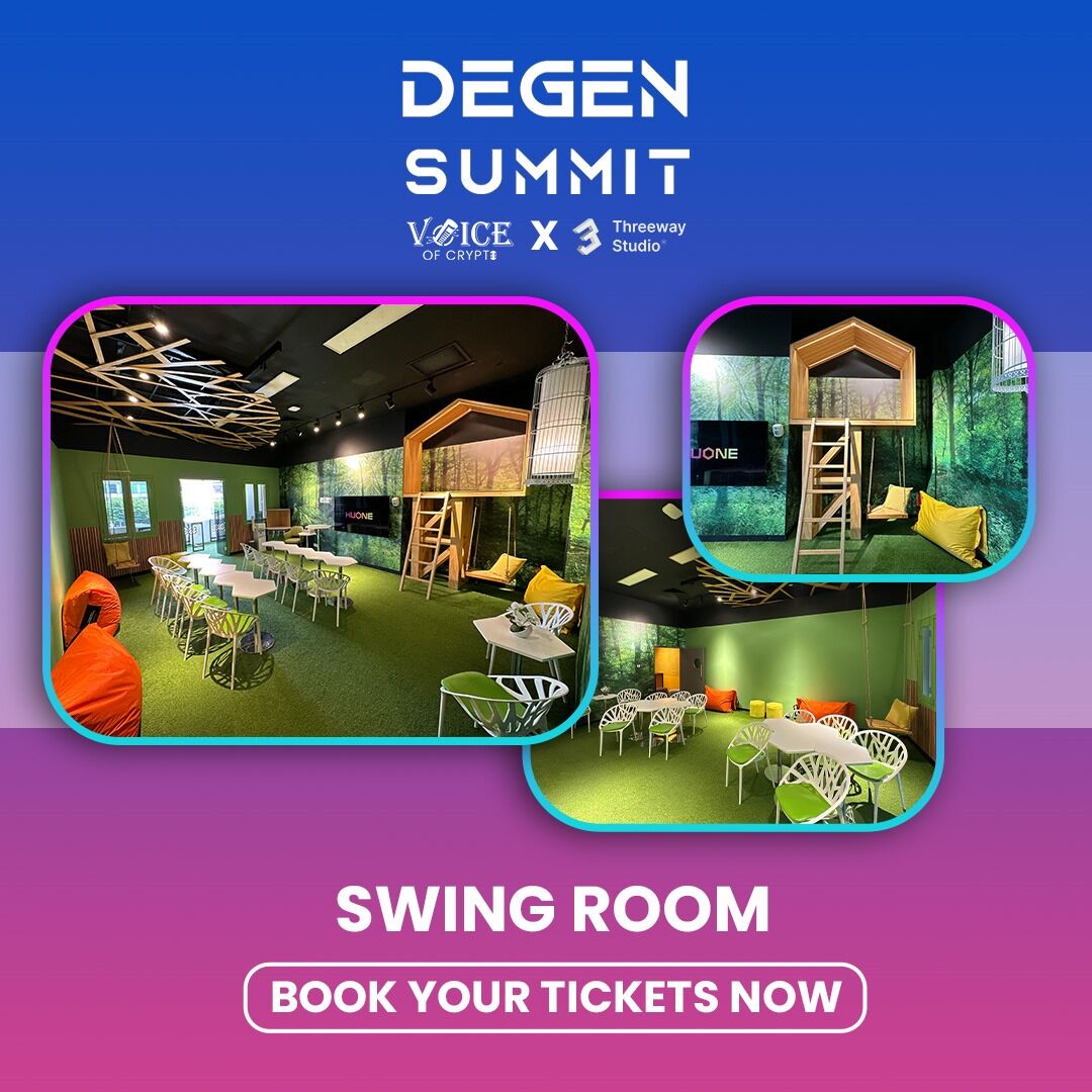 DegensummitOg's tweet image. Welcome to the #SwingRoom at #DeGenSummit2024! Perfect for #pitchpresentations, #networking, and more. It&apos;s the ideal space to elevate your #ideas and connect with #innovators. 🚀

Book your slots now: degensummit.com

#Demoeve #Blockchain #Web3 #Web3Event #Crypto #Event