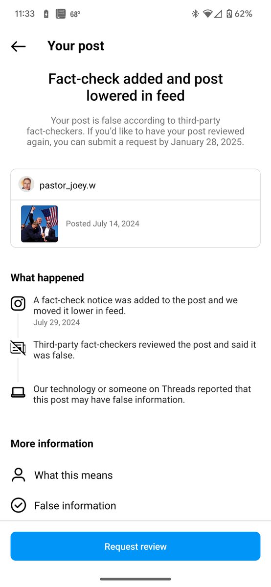 JoeyWeatherford's tweet photo. @elonmusk @elonmusk 
On the day of the assassination attempt I posted this photo on threads. Today I noticed my photo was deemed false by "third party fact checkers". I posted no commentary, only the unedited photo. Somebody make it make sense. https://t.co/8s1eogSKvq