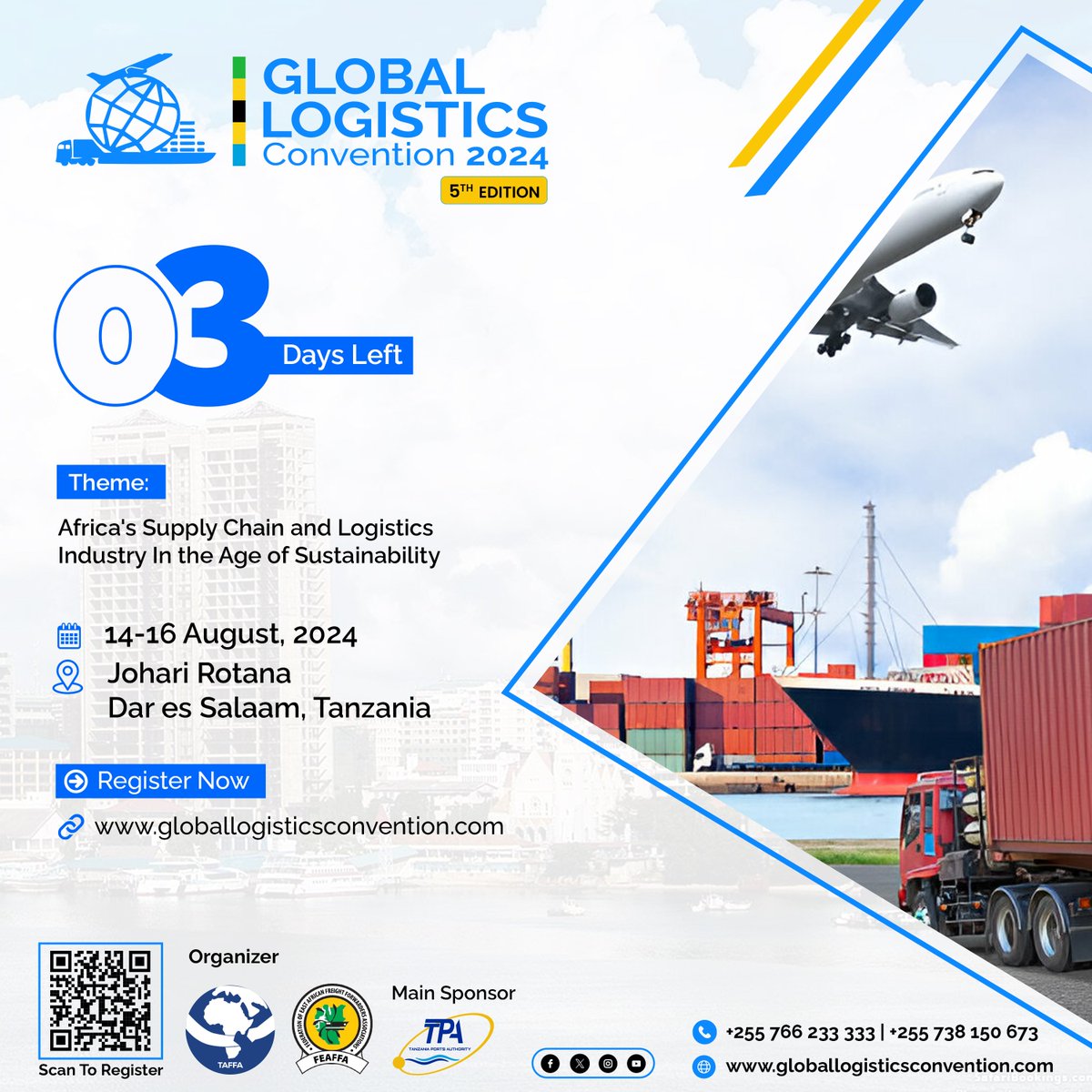 TaffaOrg's tweet image. Only 3 days until the Global Logistics Convention (GLC)!     

Ready to discuss Africa's supply chain and logistics in the age of sustainability? 

Join us! #GLC2024 

Don't miss out—register today!  globallogisticsconvention.com #SustainableLogistics #GLC2024 @tpa_tz @FEAFFA