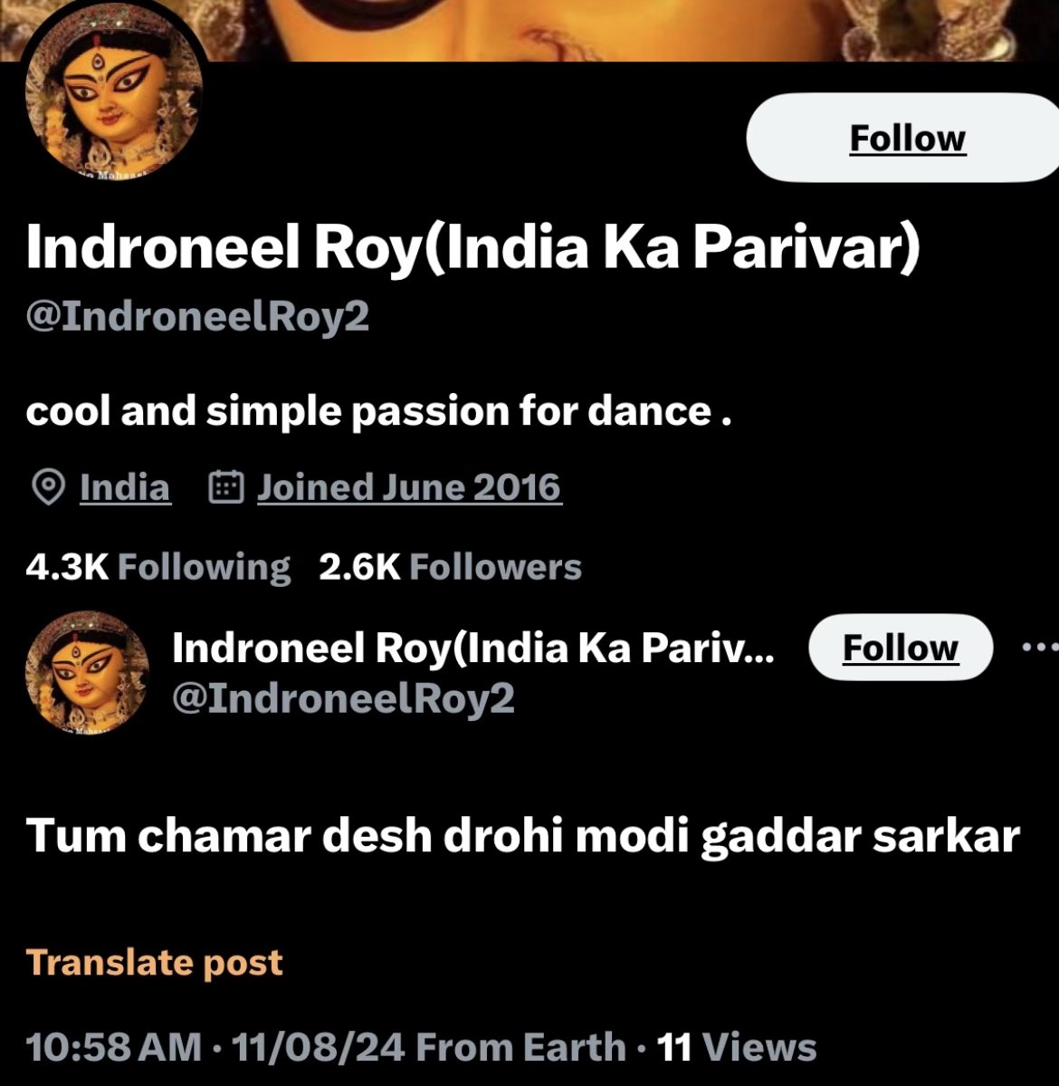 ChandanSharmaG's tweet photo. हिंदुओं यह व्यक्ति गिरफ्तार होना चाहिए
गिरफ्तारी तक रिपोस्ट करते रहे

वाल्मीकि समाज के लिए आपत्तिजनक जाति सूचक शब्दों का इस्तेमाल करते हुए देशद्रोही और गद्दार कहना बिल्कुल बर्दाश्त नहीं किया जाएगा

नाम : इंद्रनील रॉय
काम : कांग्रेस समर्थक
जुर्म : बाल्मीकि समाज का अपमान

SC/ST Act लगना चाहिए
जो भी वाल्मीकि समाज से जुड़े लोग हैं वह अपने नजदीकी साइबर थाना में जाकर इस @IndroneelRoy2 के खिलाफ FIR दर्ज करवाएं

@NCSC_GoI कृपया कार्रवाई कीजिए