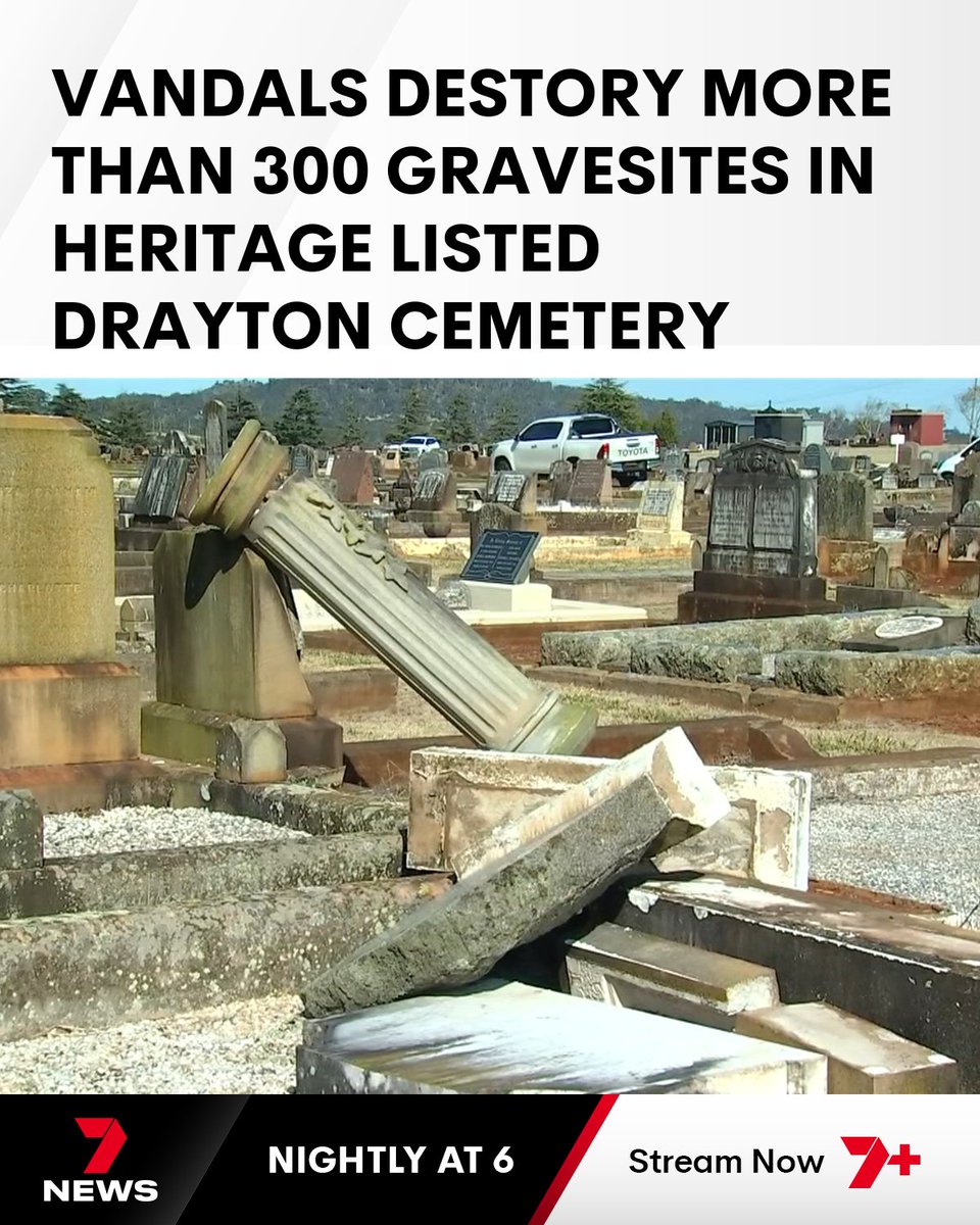 7NewsBrisbane's tweet photo. More than 300 gravesites, headstones and monuments are believed to have been damaged or destroyed in a single night by vandals at the heritage listed Drayton Cemetery. Some of the sites destroyed were more than 100 years old. https://t.co/VZ3A1cHvFd #7NEWS https://t.co/jPGoyfpNXu