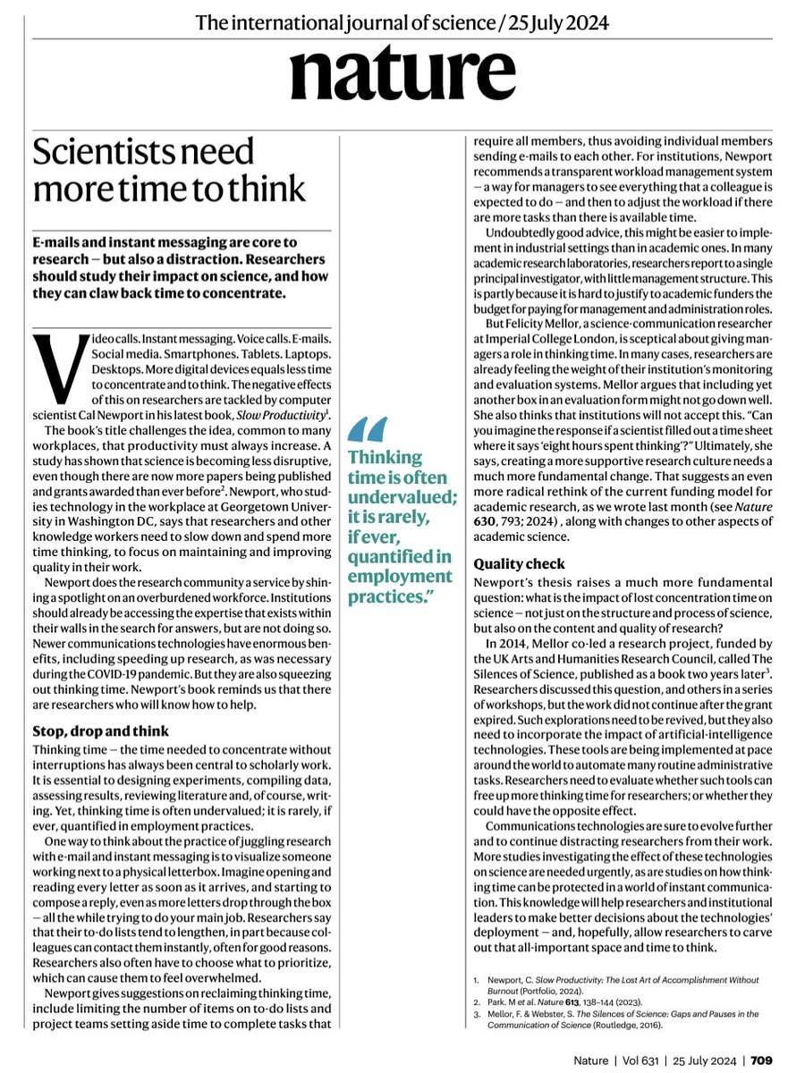 pepmartorell's tweet photo. "A study has shown that science is becoming less disruptive, even though there are now more papers being published and grants awarded than ever before"

An insightful article in @Nature discusses this, drawing from Cal Newport’s latest book, ‘Slow Productivity.’ 

A must-read for those interested in the evolving landscape of research.