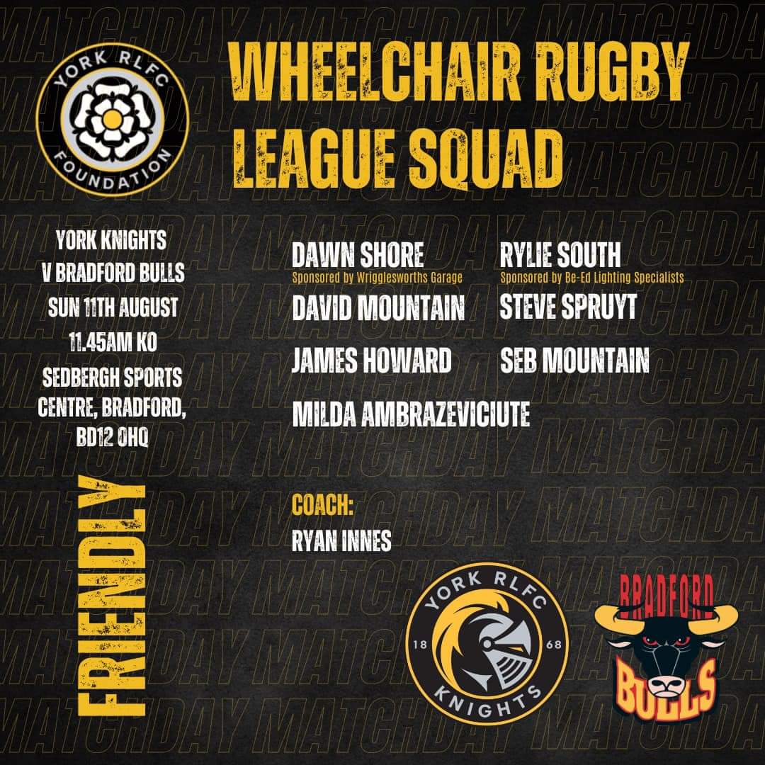 📅 Sunday 11th August
🏆 <a href="/WheelchairRL/">Wheelchair RL</a> Friendly
⏰ 11.45am
👕 <a href="/BullsFoundation/">Bulls Foundation</a> Reserves 🆚️ <a href="/yorkrlfcfound/">York RLFC Foundation</a> Reserves
🏟 Sedbergh Sports Centre