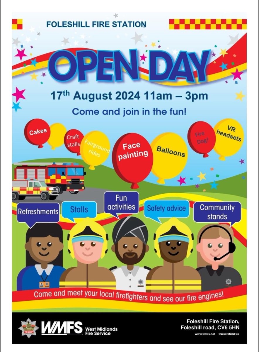 Come and see us at Foleshill on the 17th August, activities include:

●RTC Display 🚗
●32m hydraulic platform 
●Tech Rescue display
●Drone display🚀
●Have a go at our Fireground fitness test 
● Giddy the fire investigation dog 
Plus lots of food, games and craft stalls