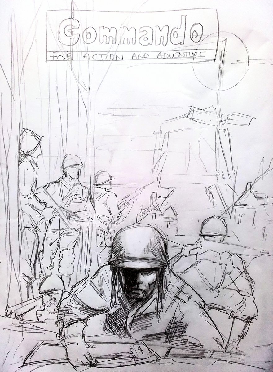 CommandoComic's tweet image. Commando Behind the Scenes! Check out Simon Pritchard&apos;s cover rough for Issue 5773 - which is on sale now on eu1.hubs.ly/H09JRk10! - QM