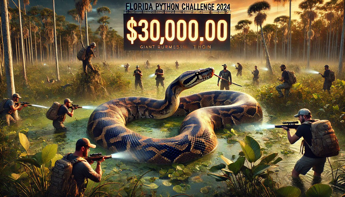 Newslink7com's tweet image. Florida Python Challenge kicks off with $30,000 in prizes for capturing invasive Burmese pythons in the Everglades. Over 600 hunters participate in this 10-day event to help protect Florida&apos;s ecosystem. #FloridaPythonChallenge #InvasiveSpecies #Everglades #Conservation…