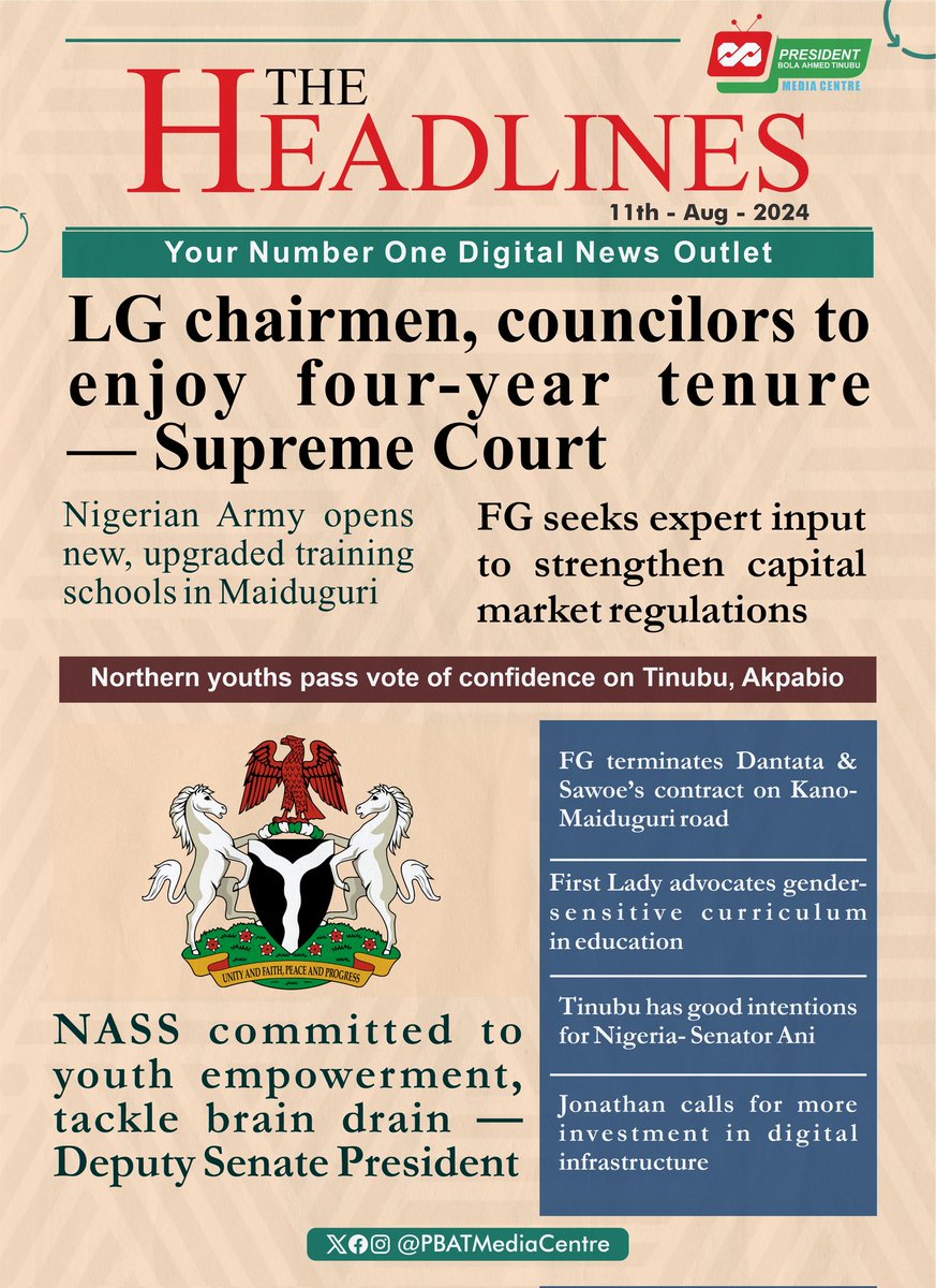 PBATMediaCentre's tweet photo. To strengthen Local Government Autonomy, the Supreme Court has ruled that the tenure of Local Government Chairmen and ward Councilors will last for four years.

This and more on #TheHeadlines this morning.

Good morning, Nigerians! https://t.co/02BTo6jxM8