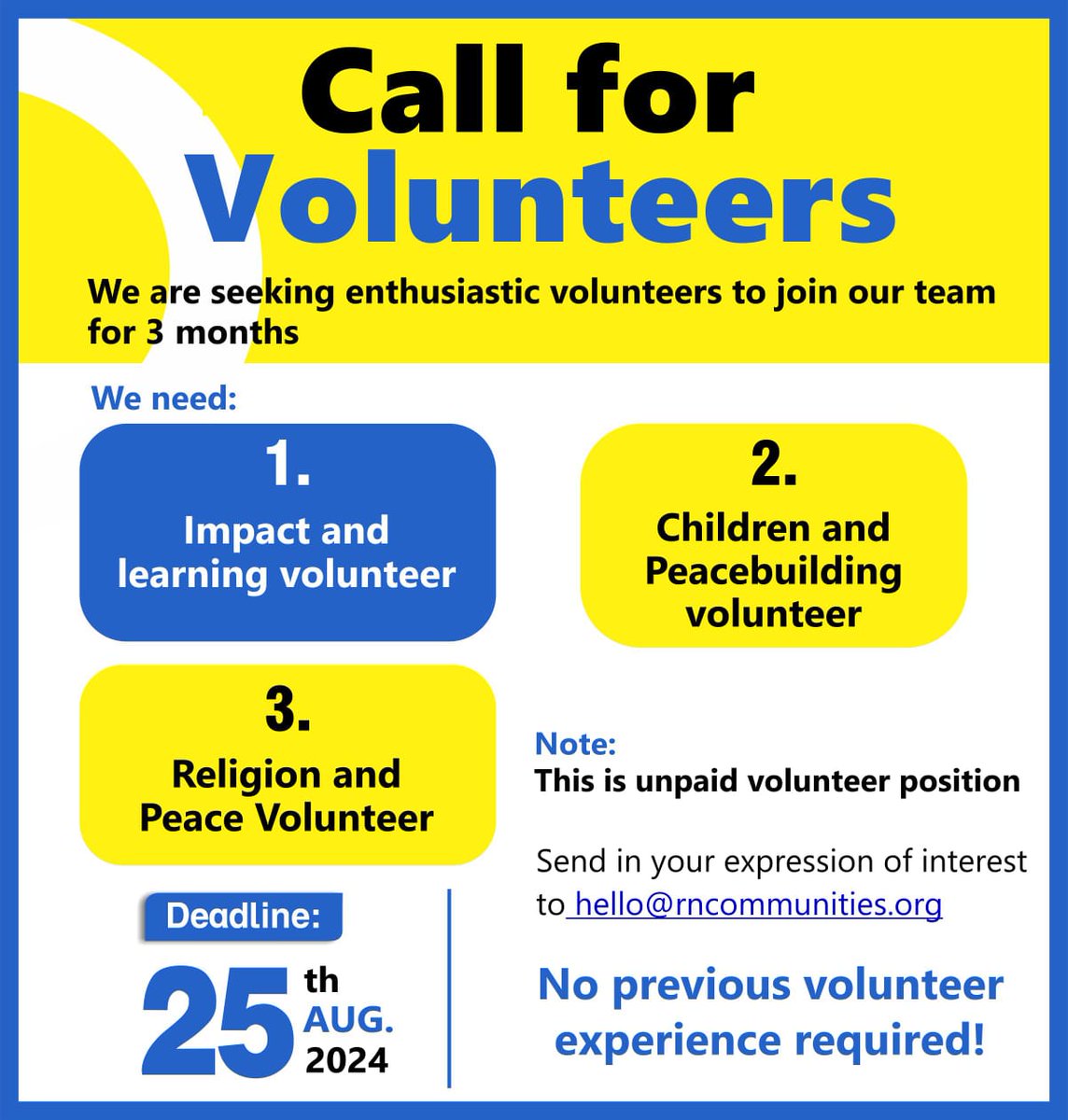 Re_NCommunities's tweet image. Are you a university students or recent graduates eager to gain experience in the peacebuilding field?

 We have volunteer opportunities for you, refer to the poster below for details on the available positions &amp;amp; the application process.