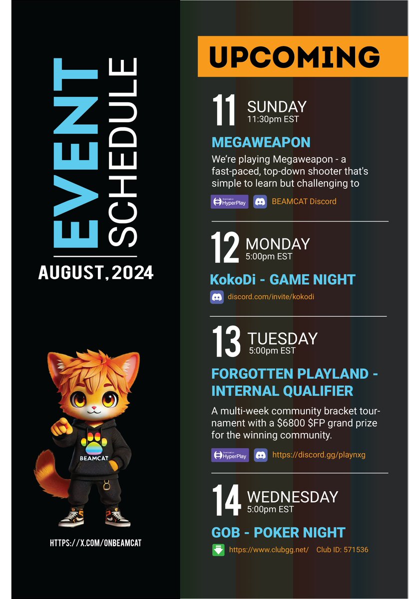 GMEOW, Beamcats! 🚀 Get ready for an action-packed week! Our usual Sunday and Wednesday clashes are just the start. Here’s what’s coming up:

🎮 Monday, 12th: KokoDi Game Night
🎯 Tuesday, 13th: FP - Community Clash (Internal Qualifier)

Let’s have a blast and GAME ON!