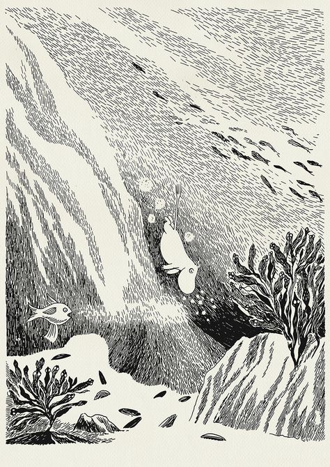 Finnish artist Tove Jansson, 'Moomintroll diving into the deep', illustration from 1956 #WomensArt