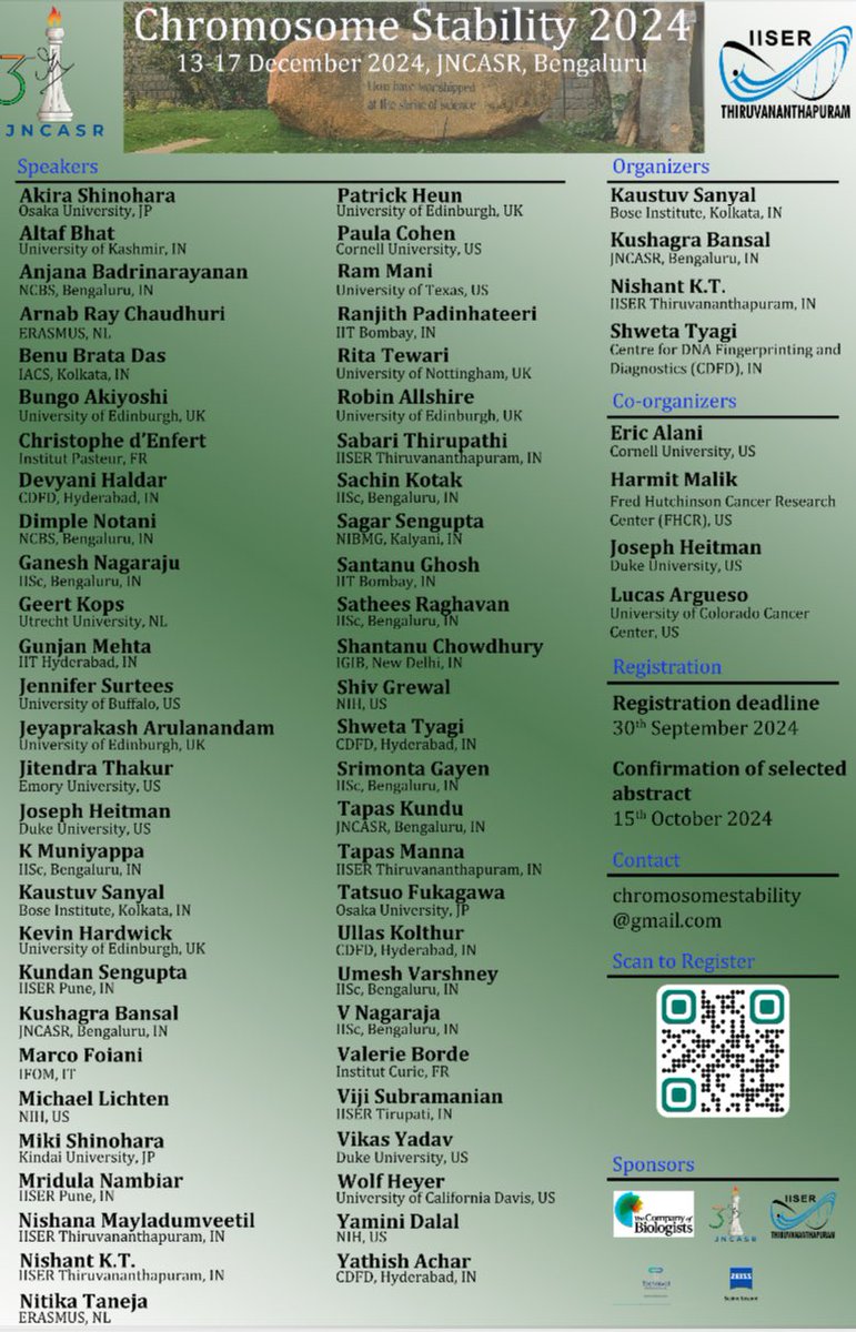 Kaustuv Sanyal (@kaustuvsanyal) on Twitter photo Registration is open for the Chromosome Stability 2024 to be held from 13-16 December <a href="/jncasr/">JNCASR Bangalore</a> in Bangalore w/ <a href="/tvmiiser/">IISER Thiruvananthapuram</a>. Excellent opportunities to present your work and interact with top scientists in the field. conference.iisertvm.ac.in/chromosome-sta… Registration is open for the Chromosome Stability 2024 to be held from 13-16 December <a href="/jncasr/">JNCASR Bangalore</a> in Bangalore w/ <a href="/tvmiiser/">IISER Thiruvananthapuram</a>. Excellent opportunities to present your work and interact with top scientists in the field. conference.iisertvm.ac.in/chromosome-sta…