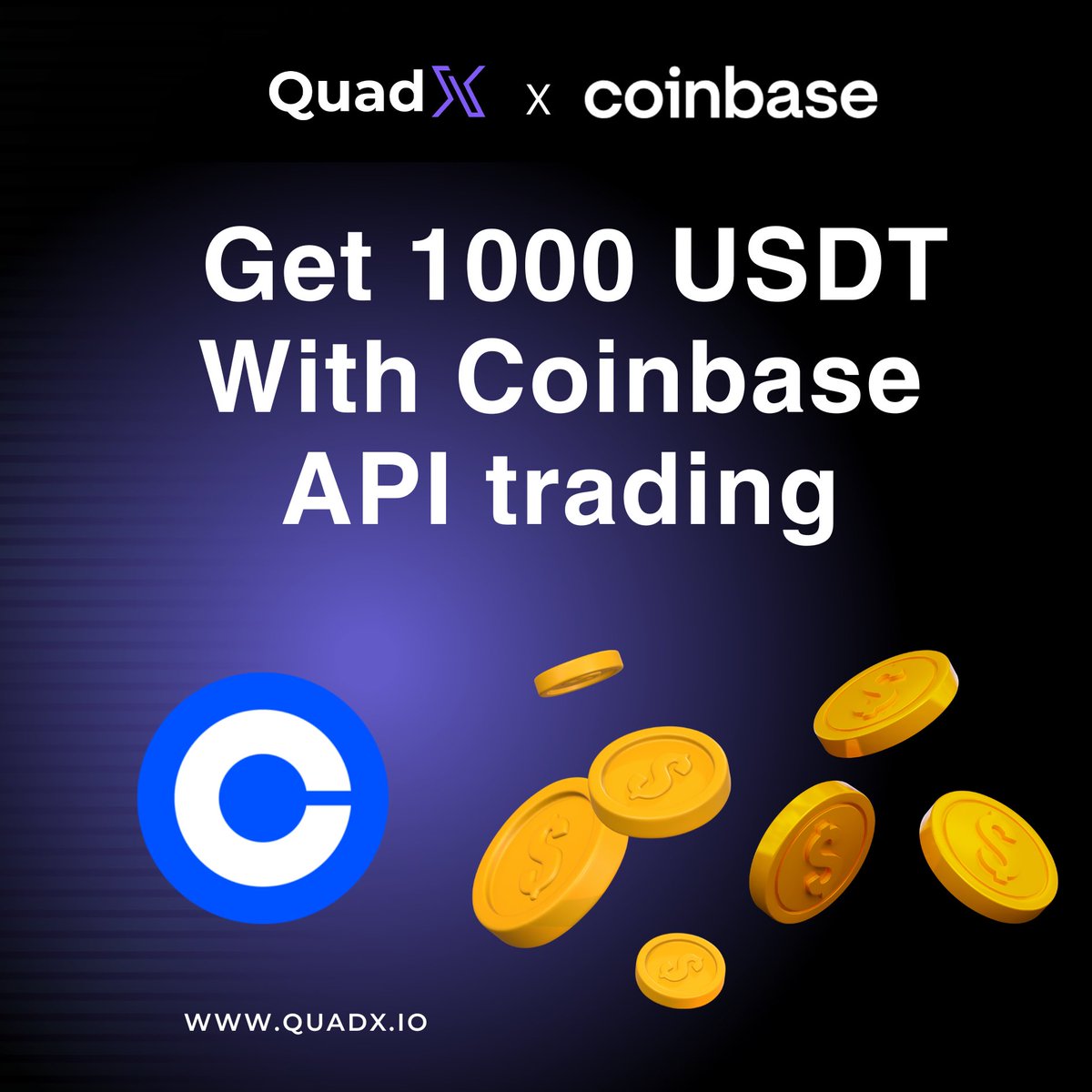 quadx_io's tweet photo. 🚀 QuadX Users! 

Trade $100+ via @coinbase Advanced API “and earn $1000 in USDT. $20,000 prize pool! Eligibility: existing/first-time API traders on Coinbase Advanced, never used a non-default portfolio. Limited rewards. Terms apply.

🌐 Sign up here: https://t.co/tmoGIRc4U3 https://t.co/5IK0I0i6Bx