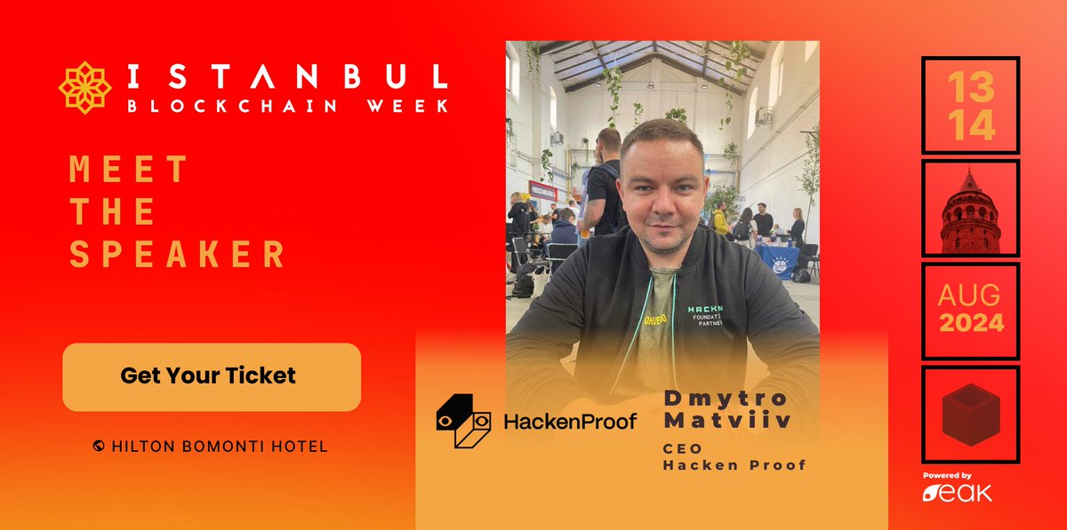 Excited to announce that <a href="/DmytroMatviiv/">Dmytro Matviiv 🇺🇦</a>, CEO of <a href="/HackenProof/">HackenProof</a>, is joining us at #IBW2024! 🗣️

With 11 years in cybersecurity, Dmytro will share vital insights on blockchain security.

There’s not much time left!

👉 istanbulblockchainweek.com/tickets/. - Use code LASTMINUTE20