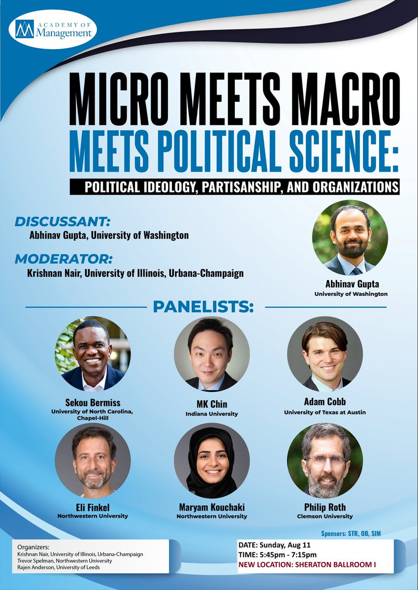 Eli Finkel (@elijfinkel) on Twitter photo If you're attending the <a href="/AOMConnect/">Academy of Management</a> conference and are interested in the intersection of management and politics, I hope you'll join us at 5:45pm today for this session. 
*** Please note the revised location: SHERATON BALLROOM 1 ***
See you soon. :) If you're attending the <a href="/AOMConnect/">Academy of Management</a> conference and are interested in the intersection of management and politics, I hope you'll join us at 5:45pm today for this session. 
*** Please note the revised location: SHERATON BALLROOM 1 ***
See you soon. :)