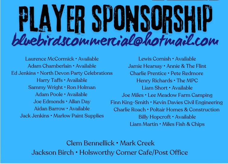 Fancy sponsoring a 𝐏𝐥𝐚𝐲𝐞𝐫? - we have a limited amount available to sponsor for this season.

If this interests you, please email the address below or contact a club official.