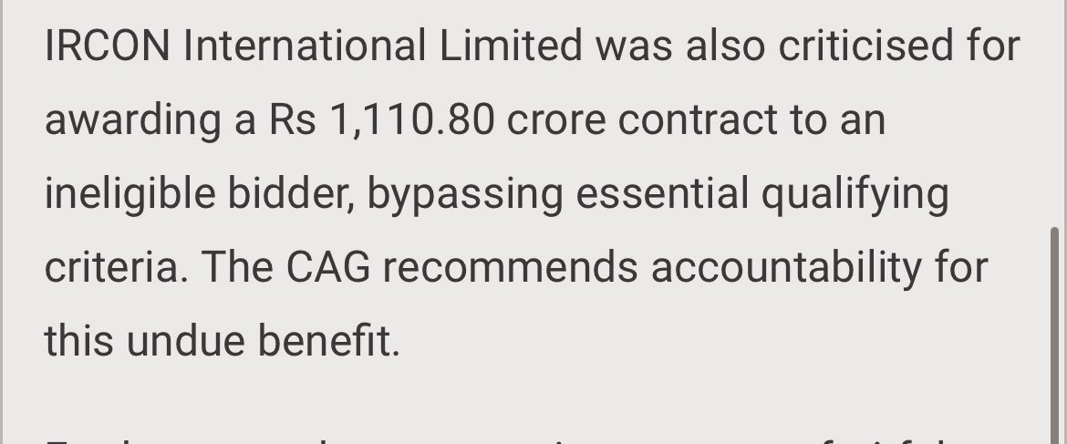 One more bad news from railway sector 

रिपोर्ट के मुताबिक़ इरकॉन इंटरनैशनल के किसी बाबू ने 1110 cr का ऑर्डर ऐसे कंपनी को दे दिया जो eligible नहीं था।

हा रेलवे मिनिस्टर कोई कुछ नहीं बोलेगा