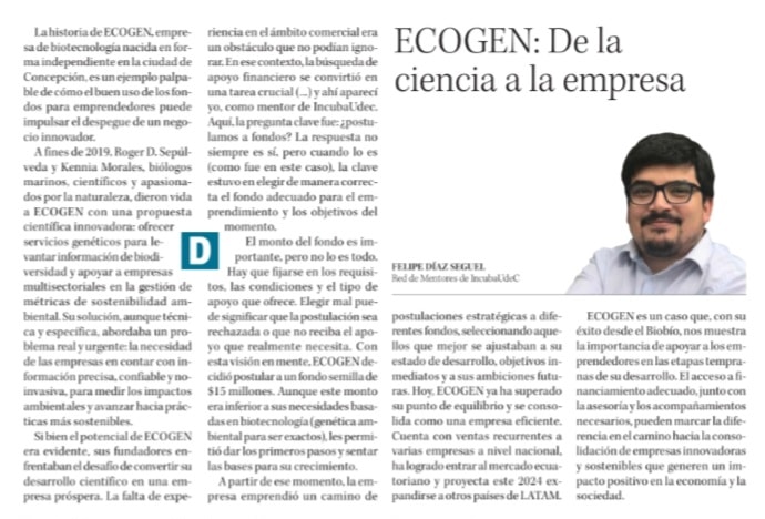 Acá cuento una historia hermosa de dos científicos que ampliaron su alcance y se dedicaron aportar como empresa.
La historia de Ecogen en <a href="/DiarioConce/">Diario Concepción</a> en mi rol de mentor <a href="/INCUBAUDEC/">IncubaUdeC</a>