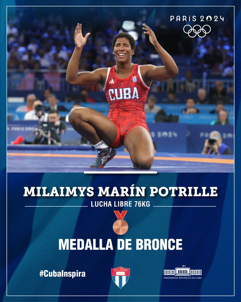 PresidenciaCuba's tweet photo. 🇨🇺| La luchadora cubana Milaimys Marín ganó medalla de bronce. Es la última de la delegación de la Isla en #Paris2024 y la segunda de la lucha femenina en la historia de los #JuegosOlímpicos.

¡Felicidades, campeona!

#CubaInspira ❤️ https://t.co/nkx4WRDPI8