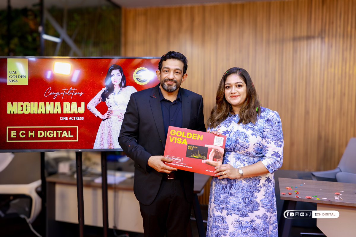 ech_digital's tweet photo. We are Extremely Honoured and privileged to Present the Prestigious Celebrity Golden Visa Accolade To Multi-Faceted and Super Talented South Indian Actress Ms Meghana Raj at The Largest Celebrity floor in Dubai in presence of The Golden Visa Man of UAE Mr Iqbal Marconi. https://t.co/QjKyW8Jsqc