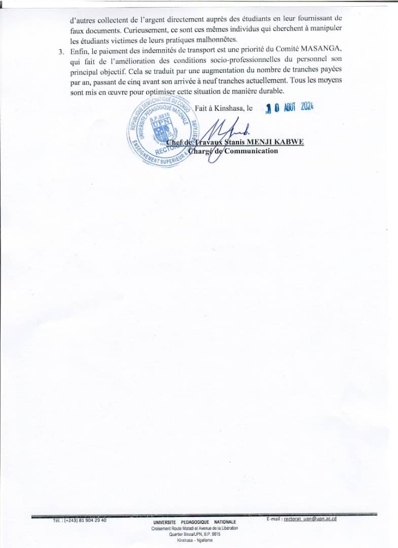 UNIVERSITE PEDAGOGIQUE NATIONALE (@upn_rdc) on Twitter photo La campagne de sape orchestrée contre Madame la Rectrice, la Professeure Ordinaire Anastasie MASANGA MAPONDA, est une œuvre des individus malveillants, hostiles au bon fonctionnement de l'UPN.
Communiqué de presse ⤵️
<a href="/cabinet_esuRDC/">MINISTÈRE DE L'ESURSI/RDC</a>
<a href="/Presidence_RDC/">Présidence RDC 🇨🇩</a> La campagne de sape orchestrée contre Madame la Rectrice, la Professeure Ordinaire Anastasie MASANGA MAPONDA, est une œuvre des individus malveillants, hostiles au bon fonctionnement de l'UPN.
Communiqué de presse ⤵️
<a href="/cabinet_esuRDC/">MINISTÈRE DE L'ESURSI/RDC</a>
<a href="/Presidence_RDC/">Présidence RDC 🇨🇩</a>