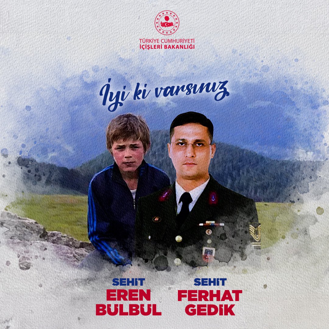 Bugün, hain terör saldırısında şehit edilen Eren Bülbül ve onu korumak için kendini siper eden şehit  Jandarma Astsubay Kıdemli Başçavuş Ferhat Gedik'in şehadetlerinin yıl dönümü.

İyi ki varsınız, ruhlarınız şâd, makamlarınız âli olsun.🇹🇷