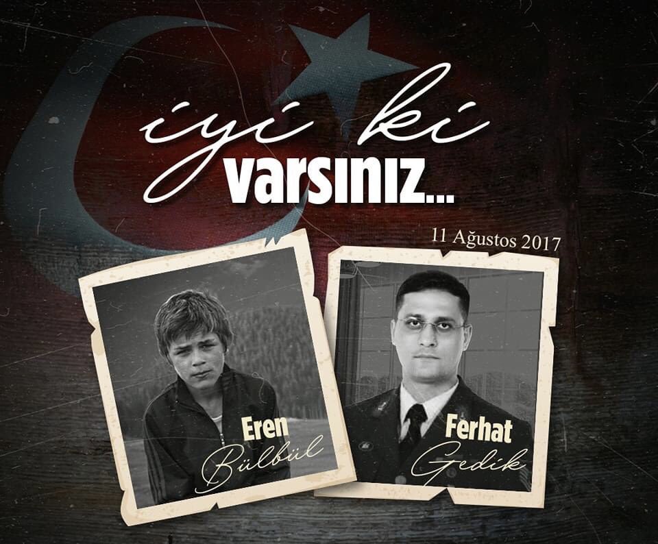 Irfanoguzz's tweet photo. Eren Bülbül ve Eren’i korumak için kendini siper eden, vücuduna isabet eden 41 kurşunla şehitlik mertebesine ulaşan Jandarma Astsubay Kıdemli Başçavuş Ferhat Gedik.. 

Kahramanlığınızla dillerde destansınız. Aziz ruhunuz şad olsun ! 

#iyikivarsınEren 
#iyivarsınız https://t.co/8pgG8fJ3YK